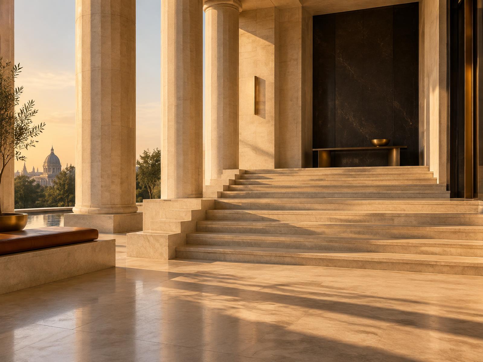 Monumental stone architecture reflecting Brandora's structured growth philosophy